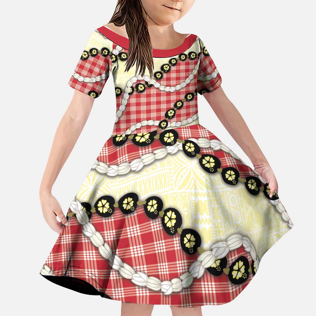 Red Palaka Hawaii Family Matching Summer Maxi Dress and Hawaiian Shirt Kukui Nut Pikake Lei Hawaiian Tapa Pattern LT14 Daughter's Dress Red - Polynesian Pride