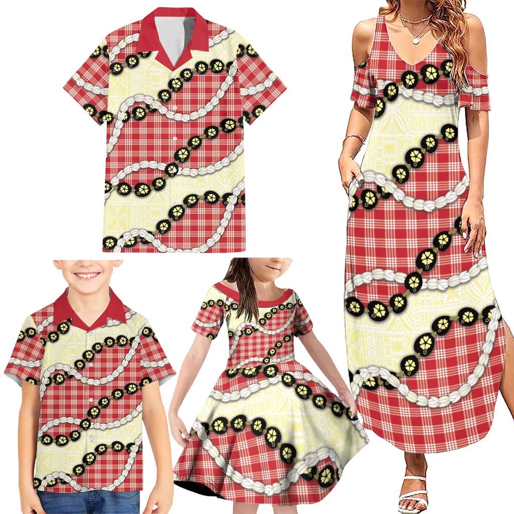 Red Palaka Hawaii Family Matching Summer Maxi Dress and Hawaiian Shirt Kukui Nut Pikake Lei Hawaiian Tapa Pattern LT14 - Polynesian Pride