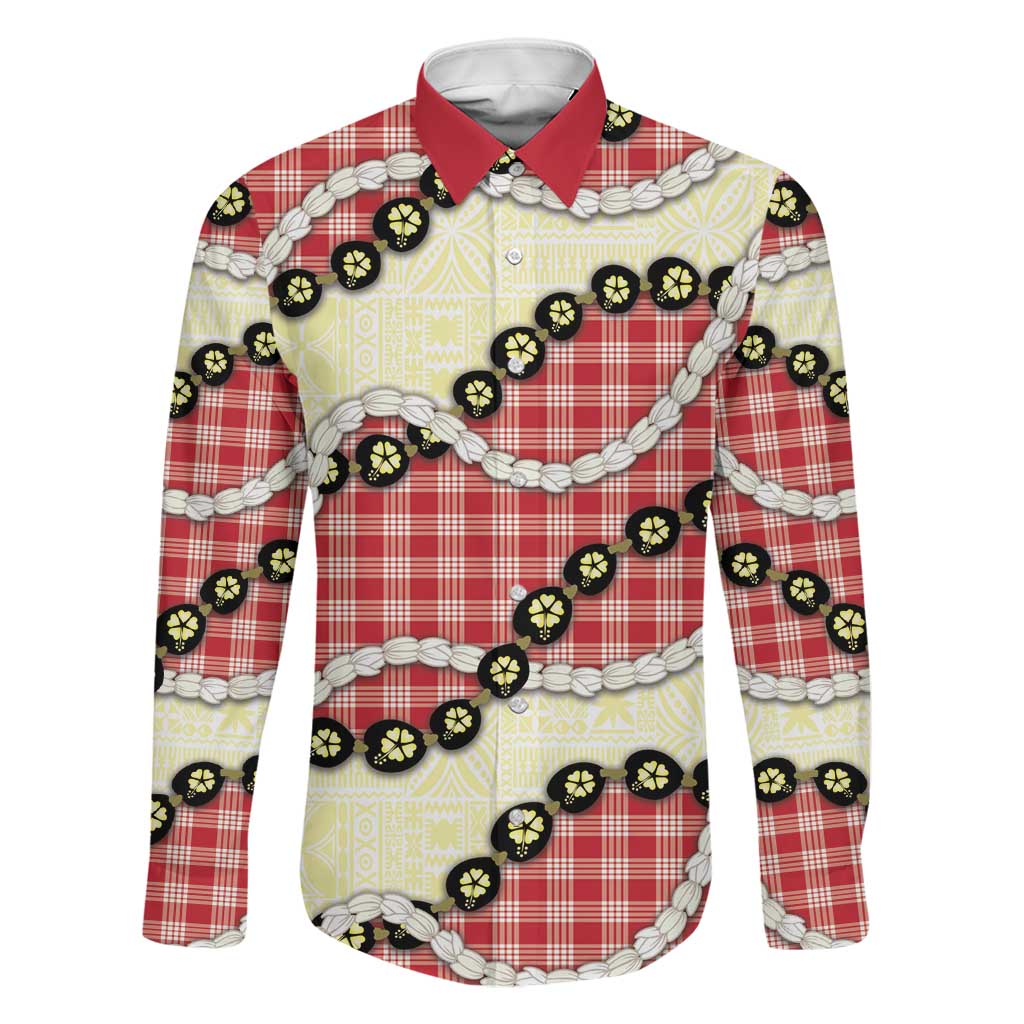 Red Palaka Hawaii Family Matching Summer Maxi Dress and Hawaiian Shirt Kukui Nut Pikake Lei Hawaiian Tapa Pattern LT14 Dad's Shirt - Long Sleeve Red - Polynesian Pride