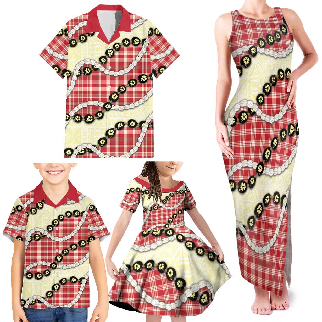 Red Palaka Hawaii Family Matching Tank Maxi Dress and Hawaiian Shirt Kukui Nut Pikake Lei Hawaiian Tapa Pattern - Polynesian Pride