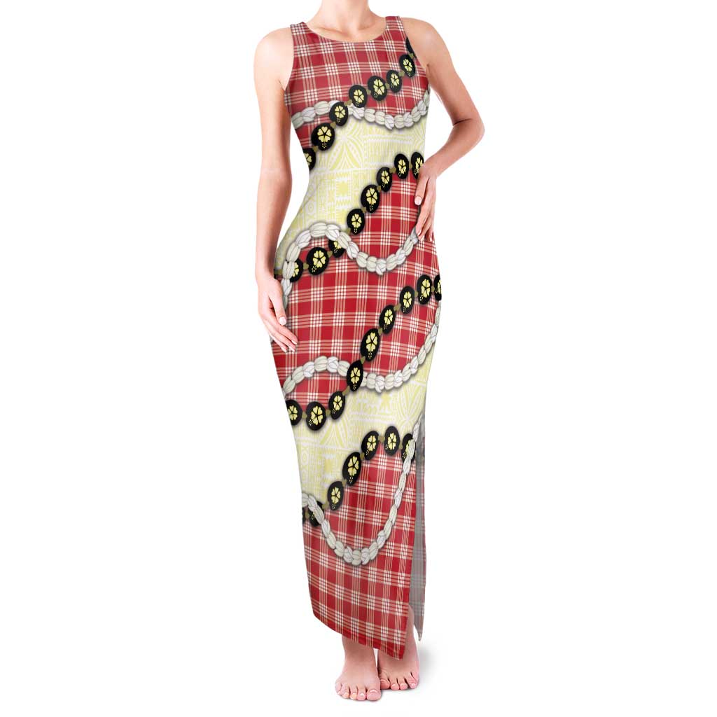 Red Palaka Hawaii Family Matching Tank Maxi Dress and Hawaiian Shirt Kukui Nut Pikake Lei Hawaiian Tapa Pattern LT14 Mom's Dress Red - Polynesian Pride