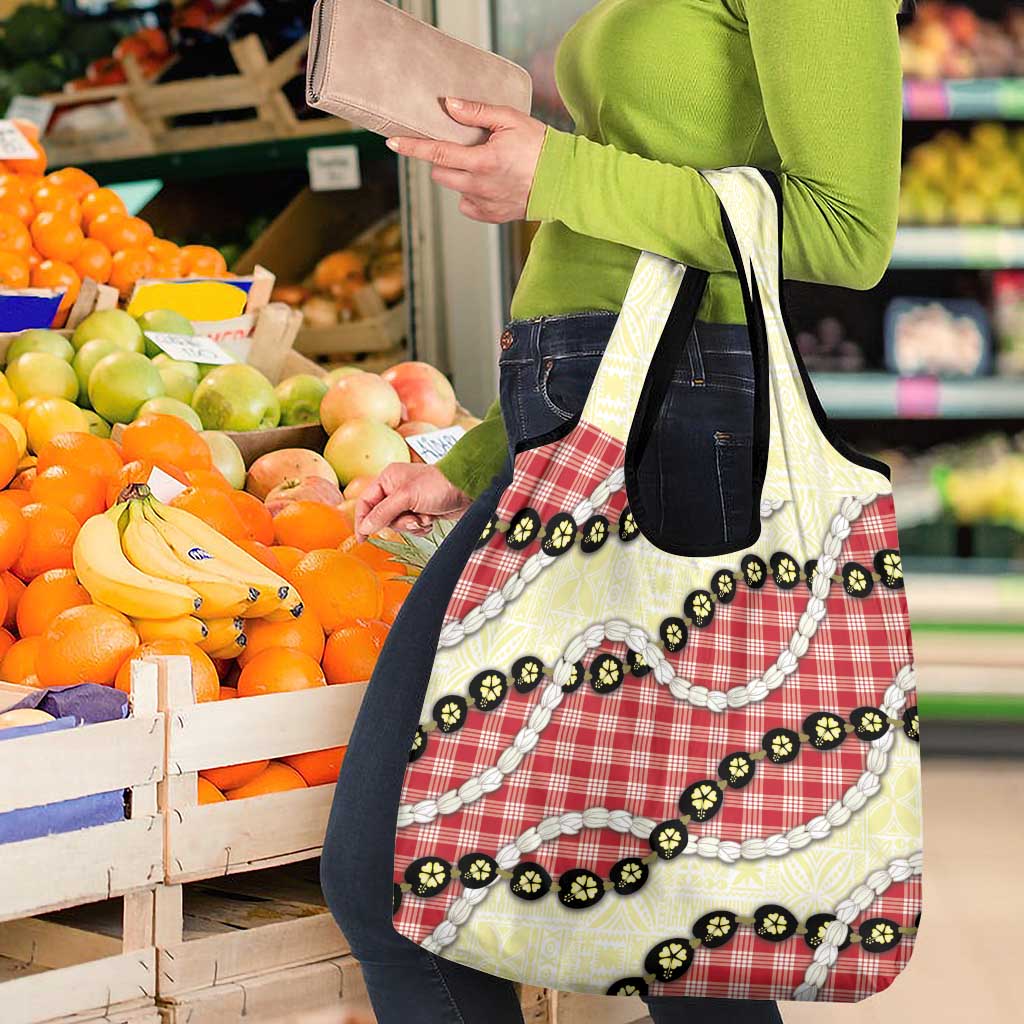 Red Palaka Hawaii Grocery Bag Kukui Nut Pikake Lei Hawaiian Tapa Pattern LT14 - Polynesian Pride