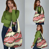 Red Palaka Hawaii Grocery Bag Kukui Nut Pikake Lei Hawaiian Tapa Pattern LT14 - Polynesian Pride