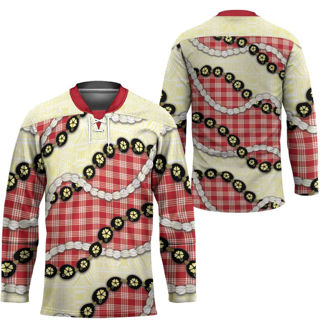 Red Palaka Hawaii Hockey Jersey Kukui Nut Pikake Lei Hawaiian Tapa Pattern - Polynesian Pride