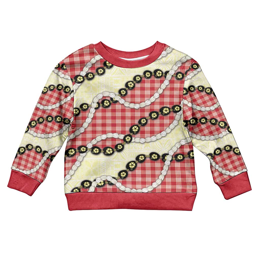 Red Palaka Hawaii Kid Ugly Christmas Sweater Kukui Nut Pikake Lei Hawaiian Tapa Pattern LT14 Kid Red - Polynesian Pride