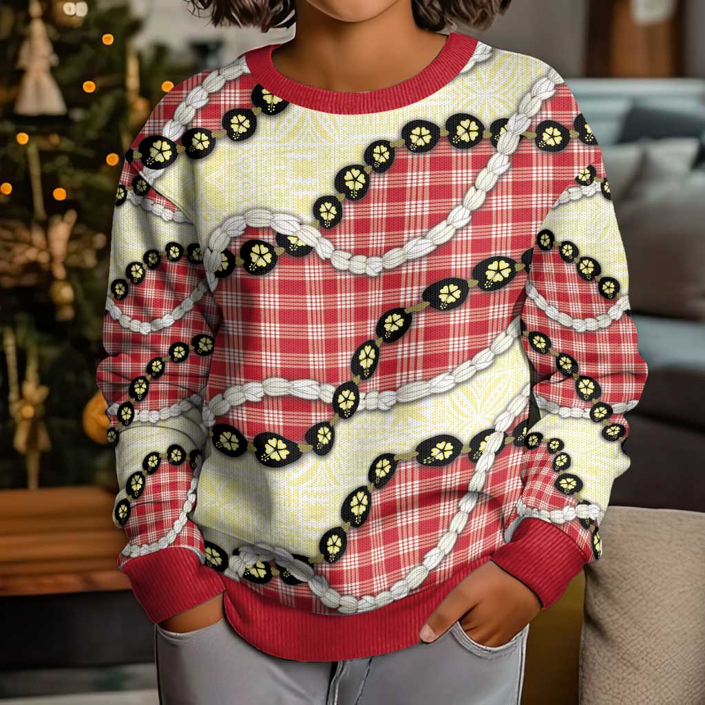 Red Palaka Hawaii Kid Ugly Christmas Sweater Kukui Nut Pikake Lei Hawaiian Tapa Pattern LT14 - Polynesian Pride