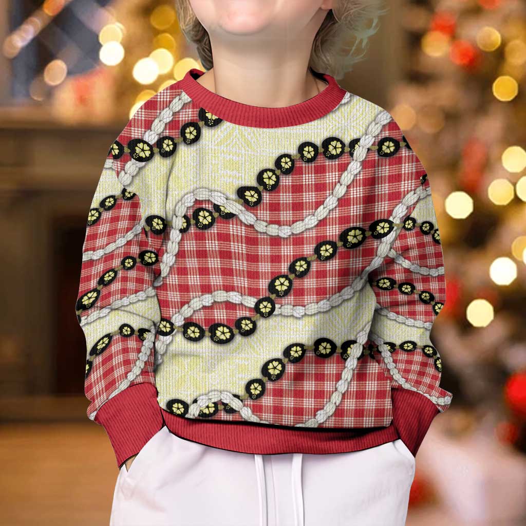 Red Palaka Hawaii Kid Ugly Christmas Sweater Kukui Nut Pikake Lei Hawaiian Tapa Pattern LT14 - Polynesian Pride