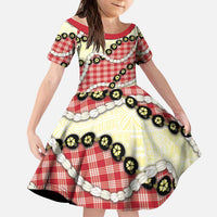 Red Palaka Hawaii Kid Short Sleeve Dress Kukui Nut Pikake Lei Hawaiian Tapa Pattern - Polynesian Pride