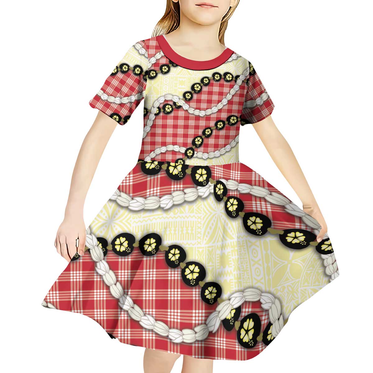 Red Palaka Hawaii Kid Short Sleeve Dress Kukui Nut Pikake Lei Hawaiian Tapa Pattern - Polynesian Pride
