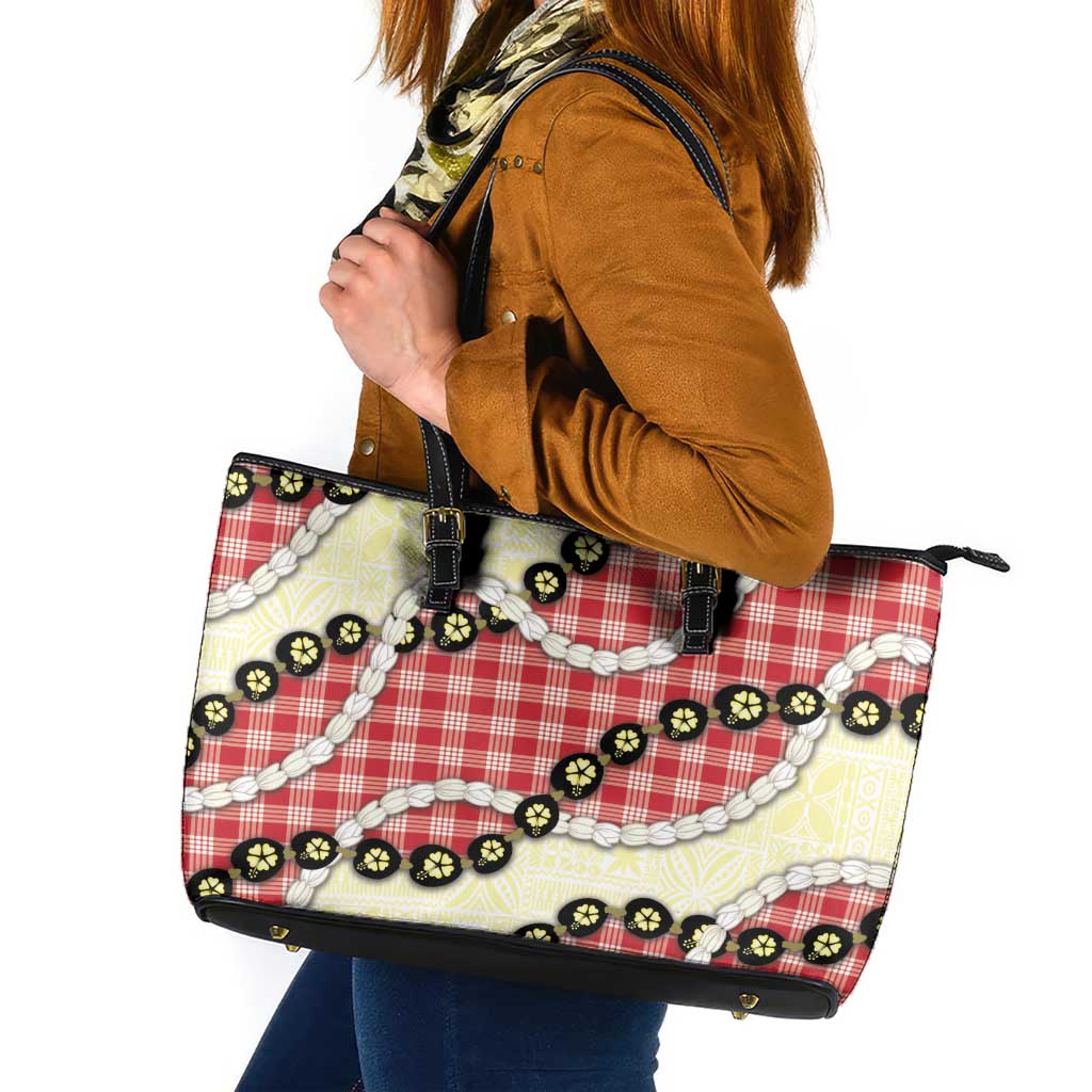 Red Palaka Hawaii Leather Tote Bag Kukui Nut Pikake Lei Hawaiian Tapa Pattern - Polynesian Pride