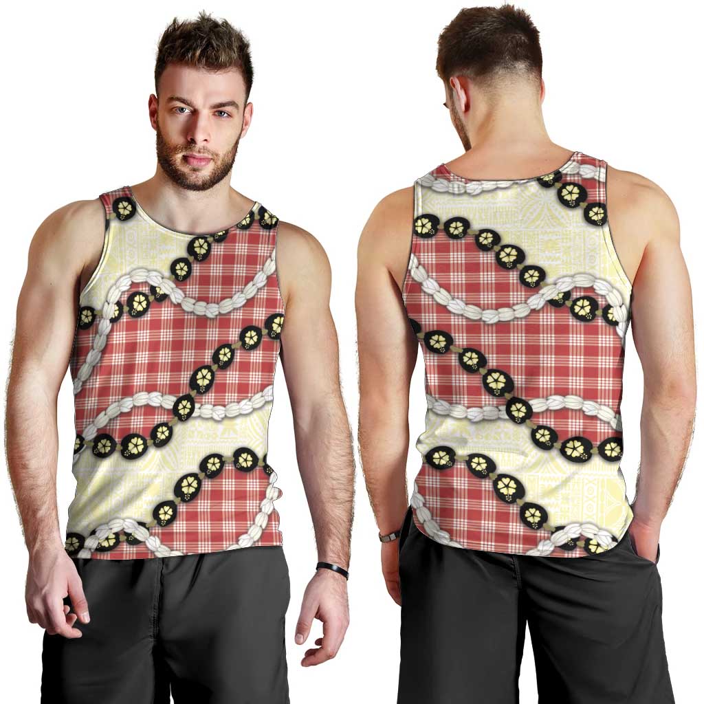 Red Palaka Hawaii Men Tank Top Kukui Nut Pikake Lei Hawaiian Tapa Pattern - Polynesian Pride