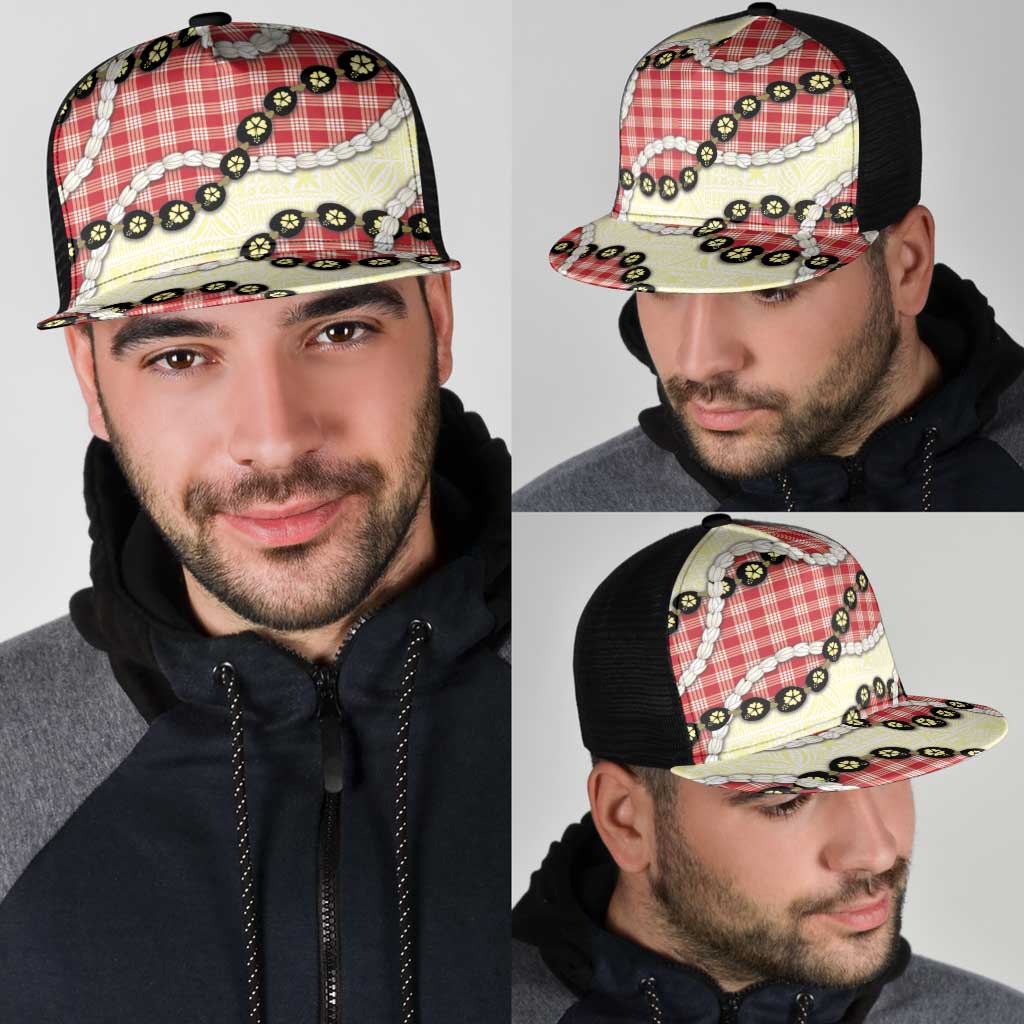 Red Palaka Hawaii Mesh Trucker Cap Kukui Nut Pikake Lei Hawaiian Tapa Pattern LT14 - Polynesian Pride