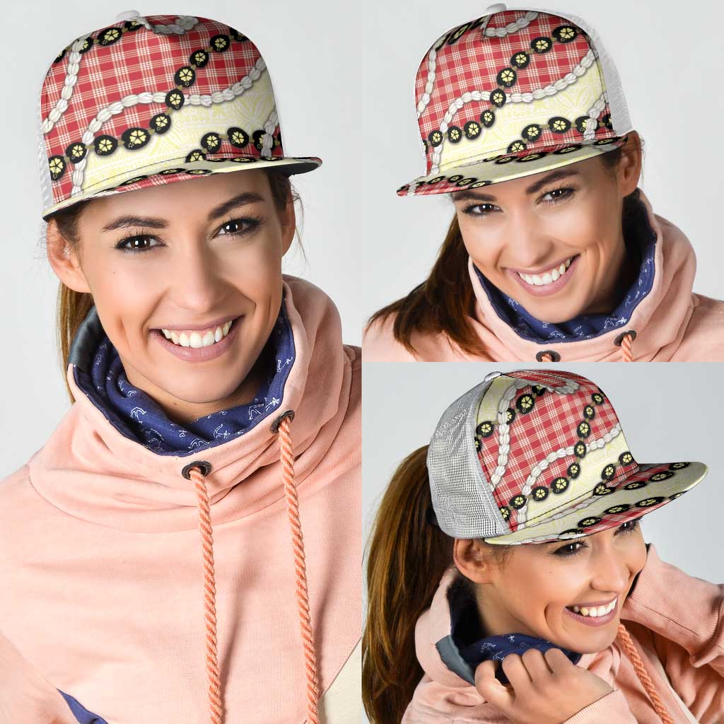 Red Palaka Hawaii Mesh Trucker Cap Kukui Nut Pikake Lei Hawaiian Tapa Pattern LT14 - Polynesian Pride