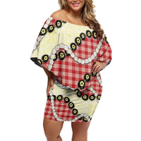 Red Palaka Hawaii Off Shoulder Short Dress Kukui Nut Pikake Lei Hawaiian Tapa Pattern LT14 Women Red - Polynesian Pride