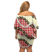 Red Palaka Hawaii Off Shoulder Short Dress Kukui Nut Pikake Lei Hawaiian Tapa Pattern LT14 - Polynesian Pride