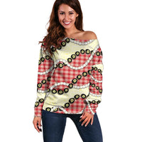 Red Palaka Hawaii Off Shoulder Sweater Kukui Nut Pikake Lei Hawaiian Tapa Pattern LT14 Women Red - Polynesian Pride
