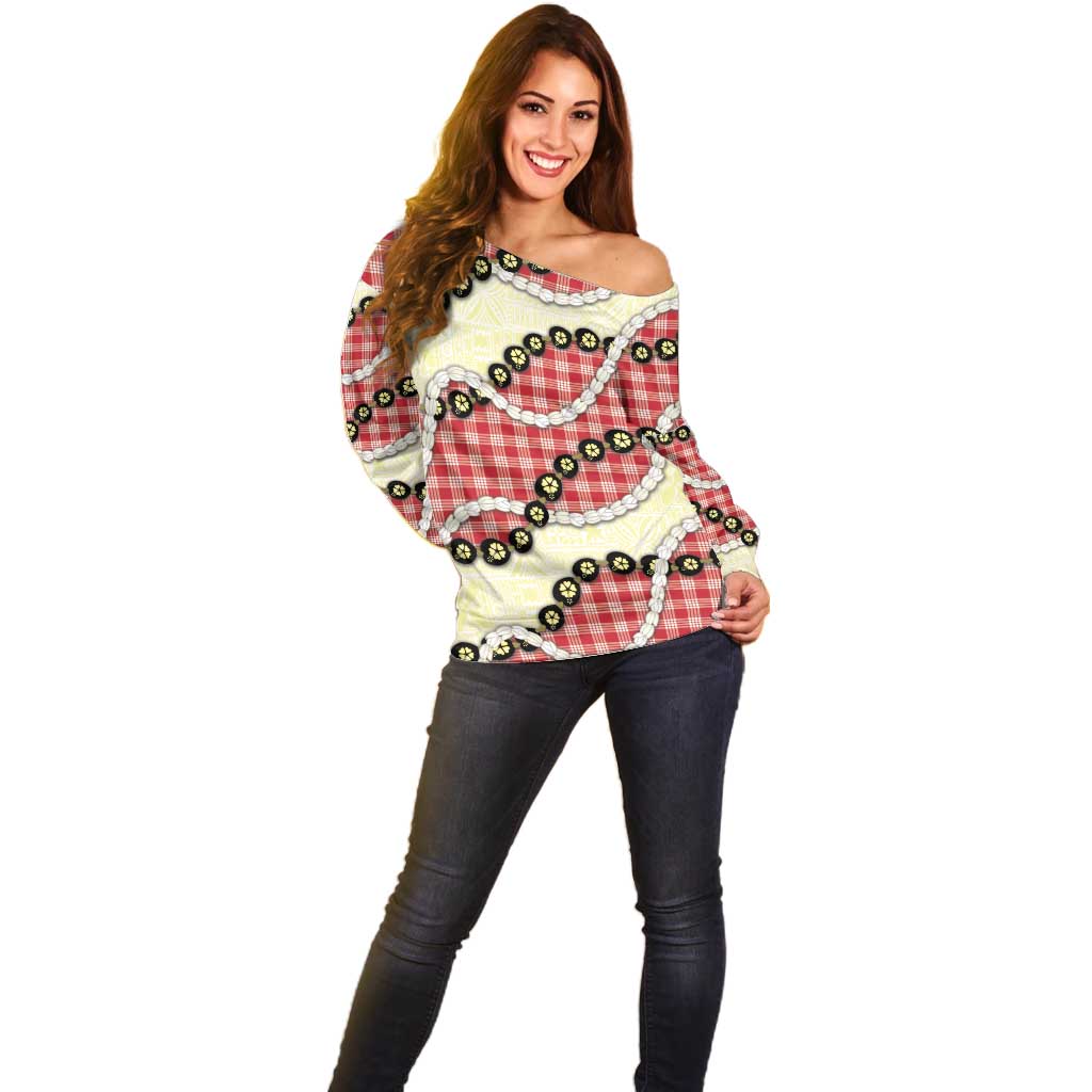 Red Palaka Hawaii Off Shoulder Sweater Kukui Nut Pikake Lei Hawaiian Tapa Pattern LT14 - Polynesian Pride