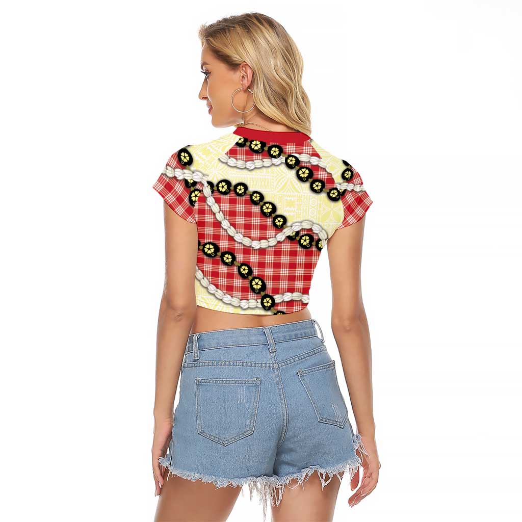 Red Palaka Hawaii Raglan Cropped T Shirt Kukui Nut Pikake Lei Hawaiian Tapa Pattern - Polynesian Pride