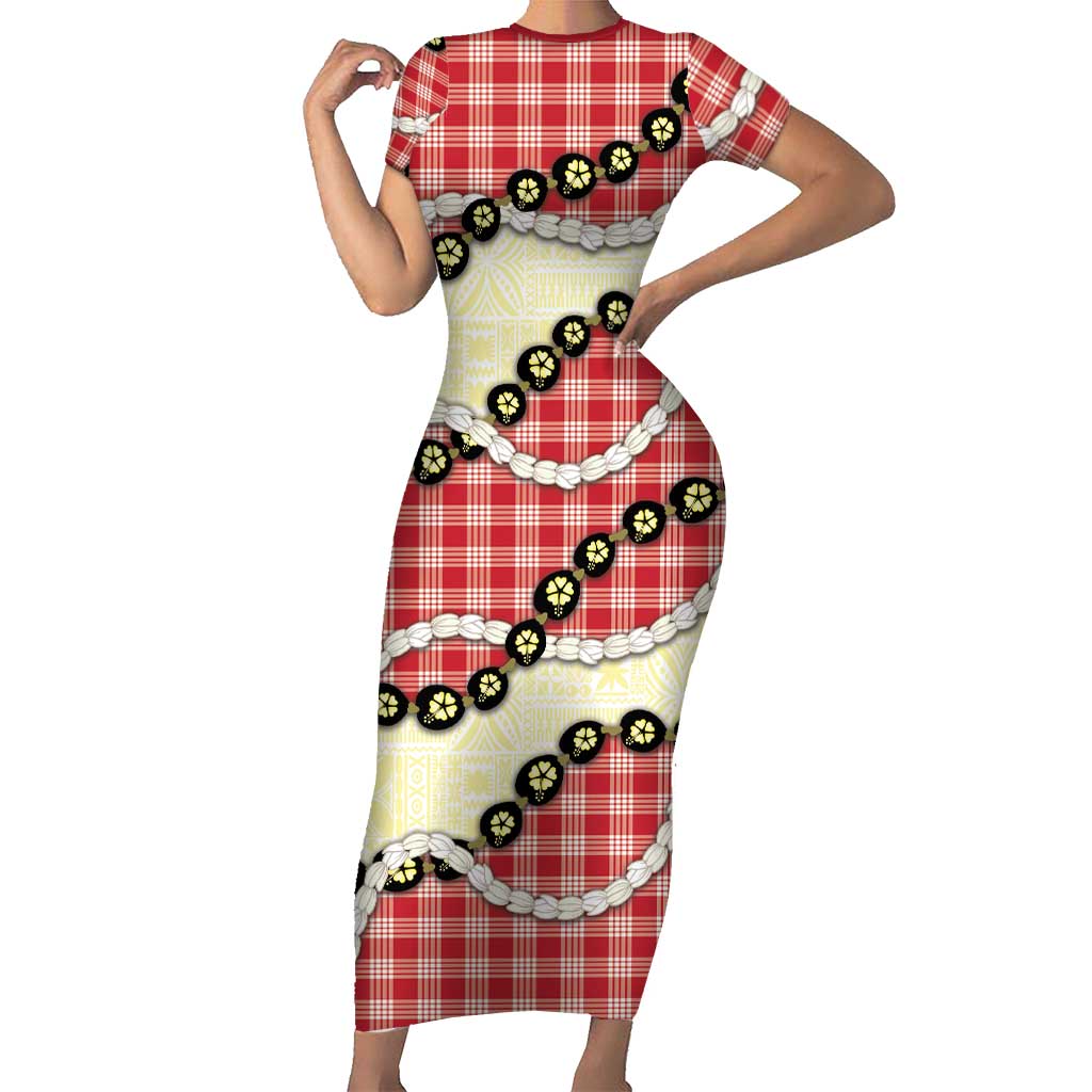 Red Palaka Hawaii Short Sleeve Bodycon Dress Kukui Nut Pikake Lei Hawaiian Tapa Pattern - Polynesian Pride