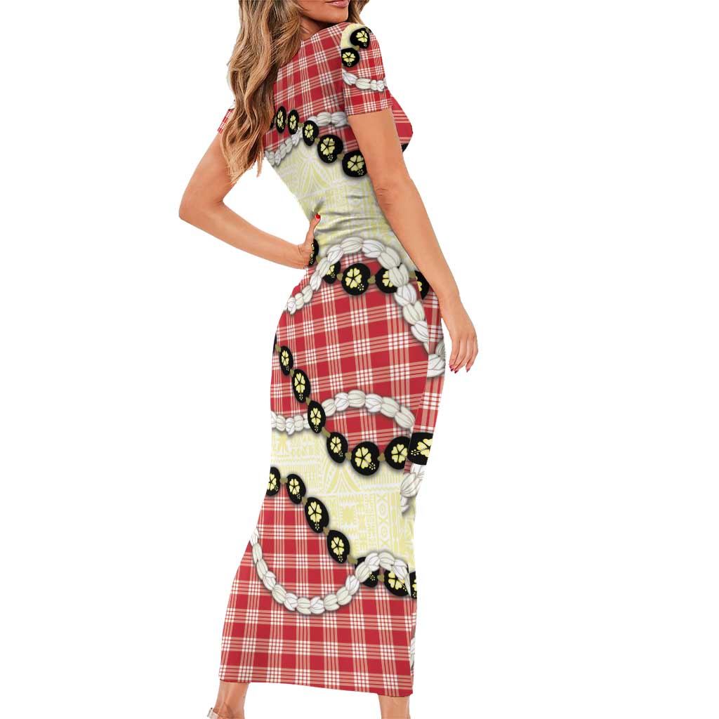 Red Palaka Hawaii Short Sleeve Bodycon Dress Kukui Nut Pikake Lei Hawaiian Tapa Pattern - Polynesian Pride