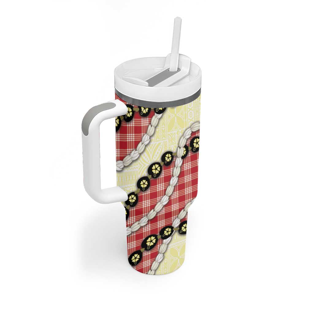 Red Palaka Hawaii Tumbler With Handle Kukui Nut Pikake Lei Hawaiian Tapa Pattern - Polynesian Pride