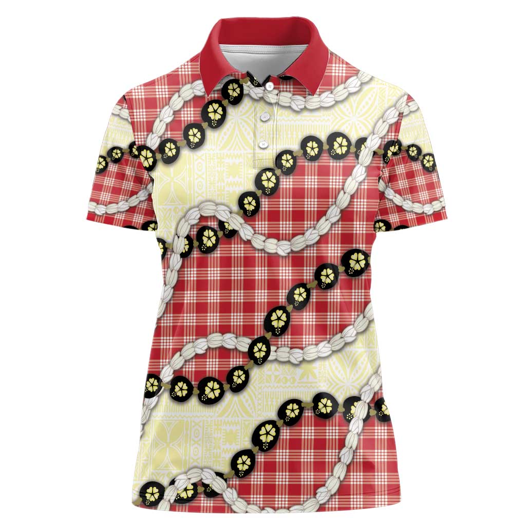 Red Palaka Hawaii Women Polo Shirt Kukui Nut Pikake Lei Hawaiian Tapa Pattern - Polynesian Pride