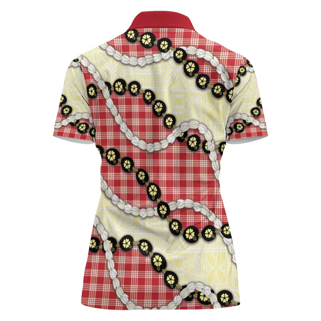 Red Palaka Hawaii Women Polo Shirt Kukui Nut Pikake Lei Hawaiian Tapa Pattern - Polynesian Pride