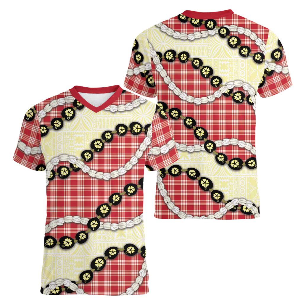 Red Palaka Hawaii Women V-Neck T-Shirt Kukui Nut Pikake Lei Hawaiian Tapa Pattern - Polynesian Pride