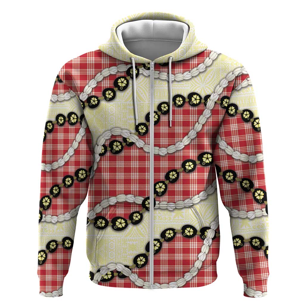 Red Palaka Hawaii Zip Hoodie Kukui Nut Pikake Lei Hawaiian Tapa Pattern - Polynesian Pride