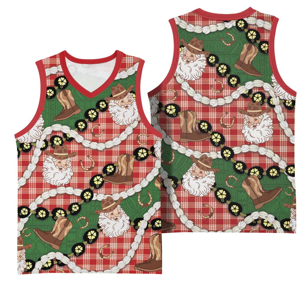 Cowboy Hawaii Mele Kalikimaka Basketball Jersey Paniolo Kukui Nut Pikake Lei Red Version - Polynesian Pride