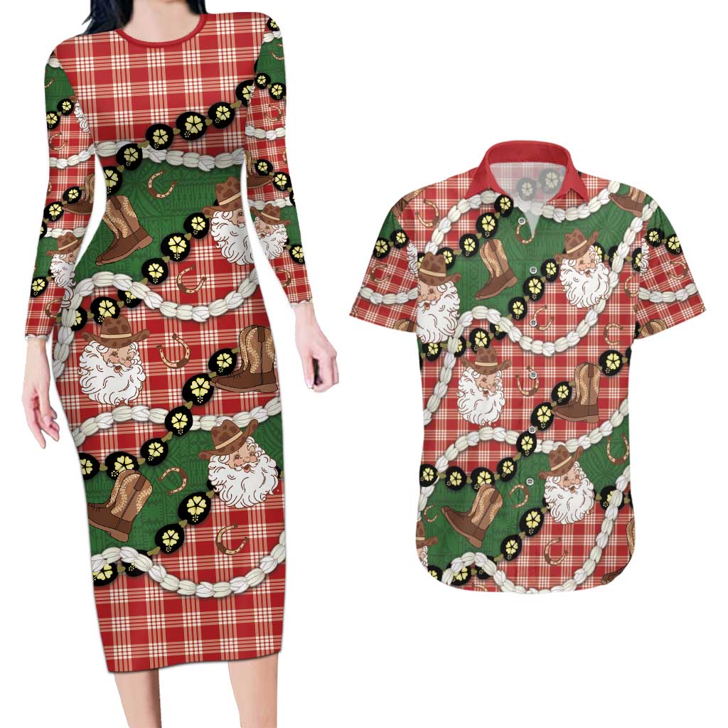 Cowboy Hawaii Mele Kalikimaka Couples Matching Long Sleeve Bodycon Dress and Hawaiian Shirt Paniolo Kukui Nut Pikake Lei Red Version LT14 Red - Polynesian Pride
