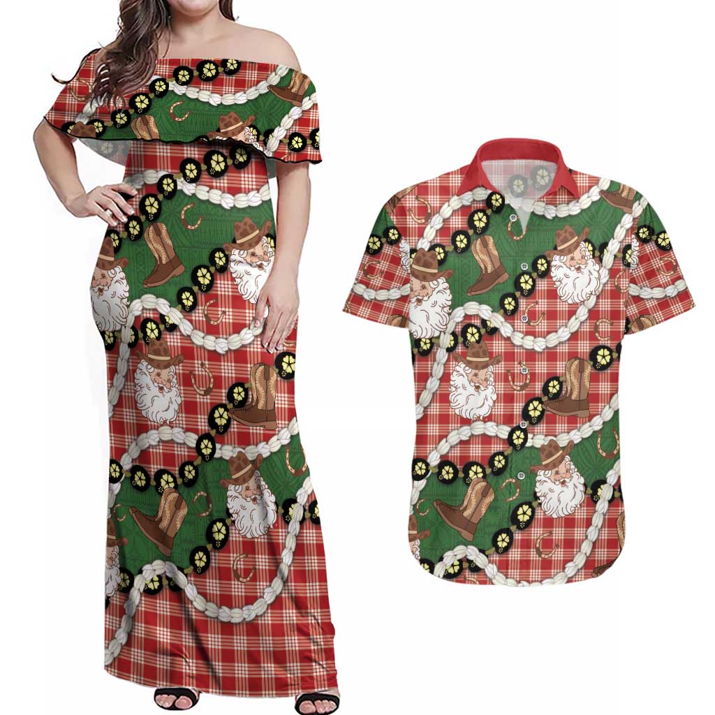 Cowboy Hawaii Mele Kalikimaka Couples Matching Off Shoulder Maxi Dress and Hawaiian Shirt Paniolo Kukui Nut Pikake Lei Red Version LT14 Red - Polynesian Pride