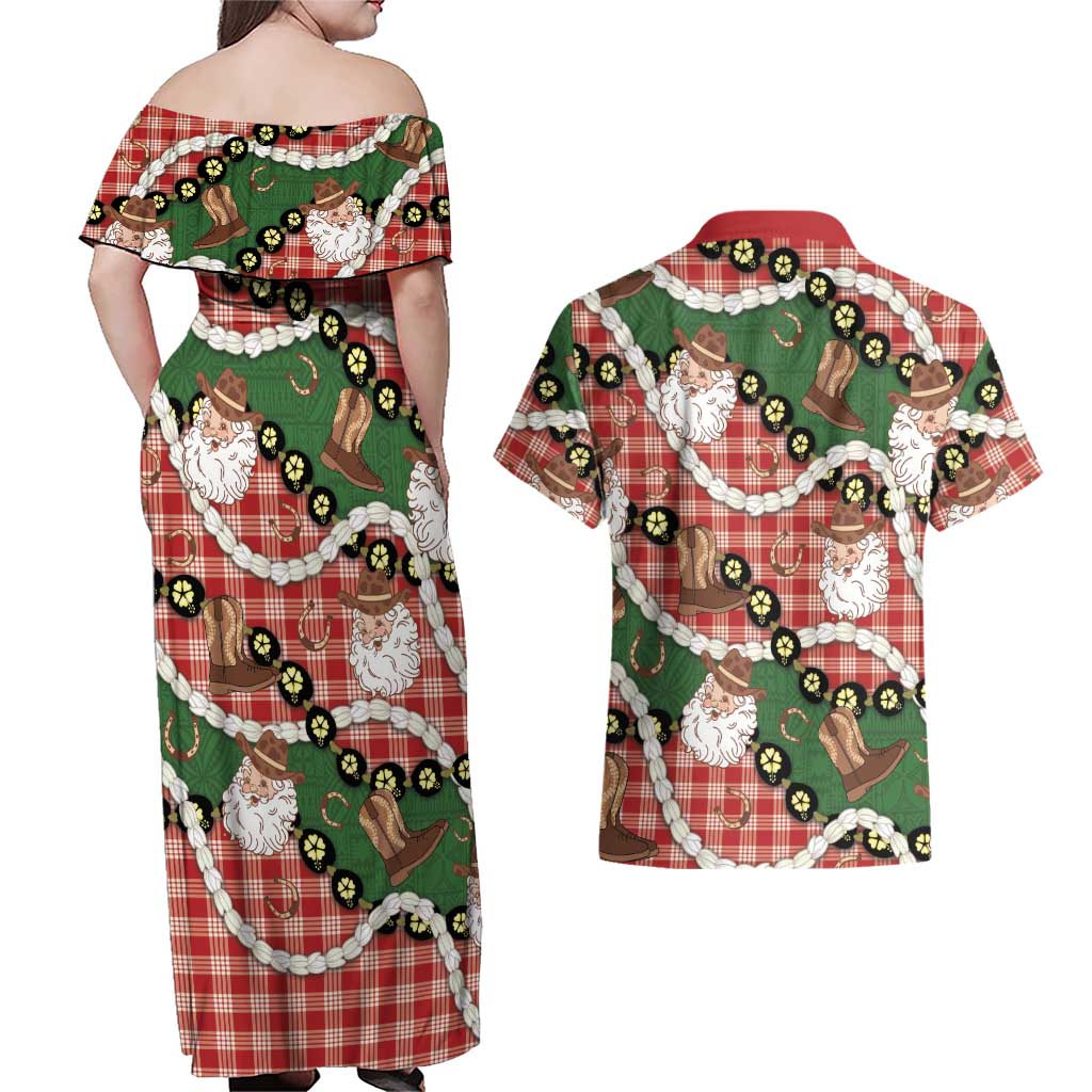 Cowboy Hawaii Mele Kalikimaka Couples Matching Off Shoulder Maxi Dress and Hawaiian Shirt Paniolo Kukui Nut Pikake Lei Red Version LT14 - Polynesian Pride