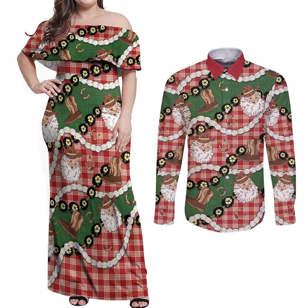 Cowboy Hawaii Mele Kalikimaka Couples Matching Off Shoulder Maxi Dress and Long Sleeve Button Shirt Paniolo Kukui Nut Pikake Lei Red Version LT14 Red - Polynesian Pride