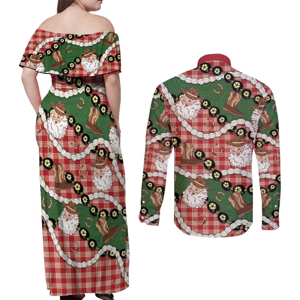 Cowboy Hawaii Mele Kalikimaka Couples Matching Off Shoulder Maxi Dress and Long Sleeve Button Shirt Paniolo Kukui Nut Pikake Lei Red Version LT14 - Polynesian Pride