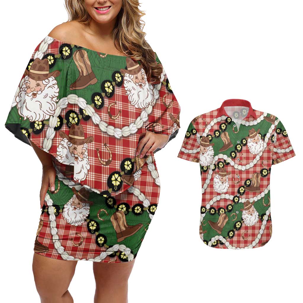 Cowboy Hawaii Mele Kalikimaka Couples Matching Off Shoulder Short Dress and Hawaiian Shirt Paniolo Kukui Nut Pikake Lei Red Version LT14 Red - Polynesian Pride
