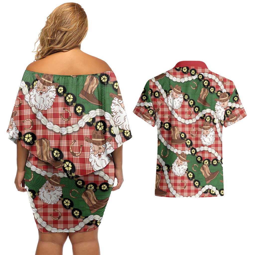 Cowboy Hawaii Mele Kalikimaka Couples Matching Off Shoulder Short Dress and Hawaiian Shirt Paniolo Kukui Nut Pikake Lei Red Version LT14 - Polynesian Pride