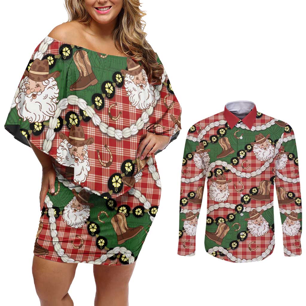 Cowboy Hawaii Mele Kalikimaka Couples Matching Off Shoulder Short Dress and Long Sleeve Button Shirt Paniolo Kukui Nut Pikake Lei Red Version LT14 Red - Polynesian Pride