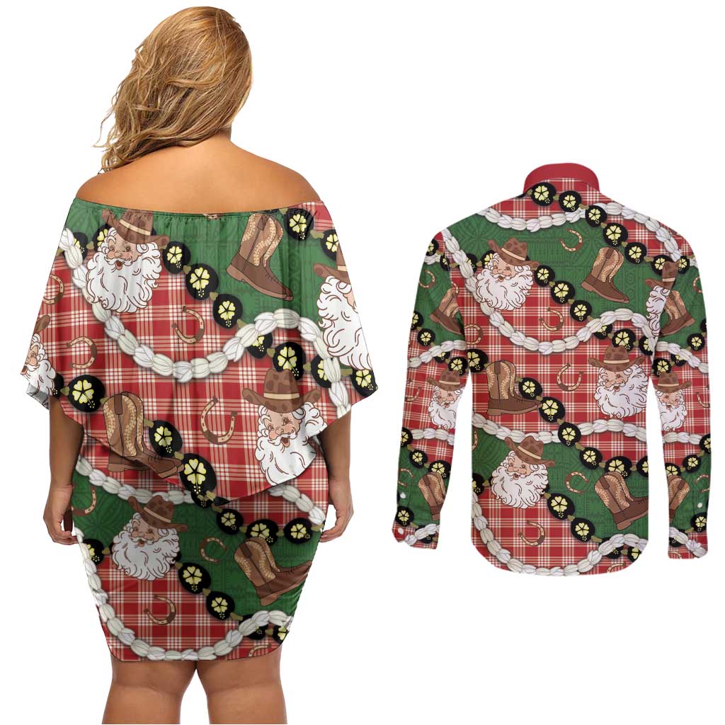 Cowboy Hawaii Mele Kalikimaka Couples Matching Off Shoulder Short Dress and Long Sleeve Button Shirt Paniolo Kukui Nut Pikake Lei Red Version LT14 - Polynesian Pride