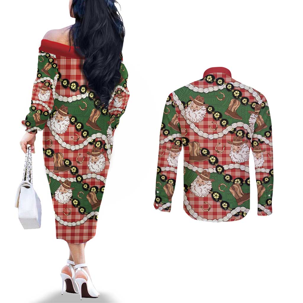 Cowboy Hawaii Mele Kalikimaka Couples Matching Off The Shoulder Long Sleeve Dress and Long Sleeve Button Shirt Paniolo Kukui Nut Pikake Lei Red Version LT14 - Polynesian Pride
