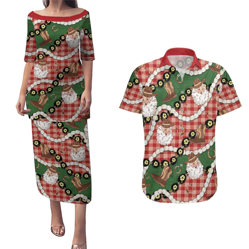 Cowboy Hawaii Mele Kalikimaka Couples Matching Puletasi and Hawaiian Shirt Paniolo Kukui Nut Pikake Lei Red Version LT14 Red - Polynesian Pride