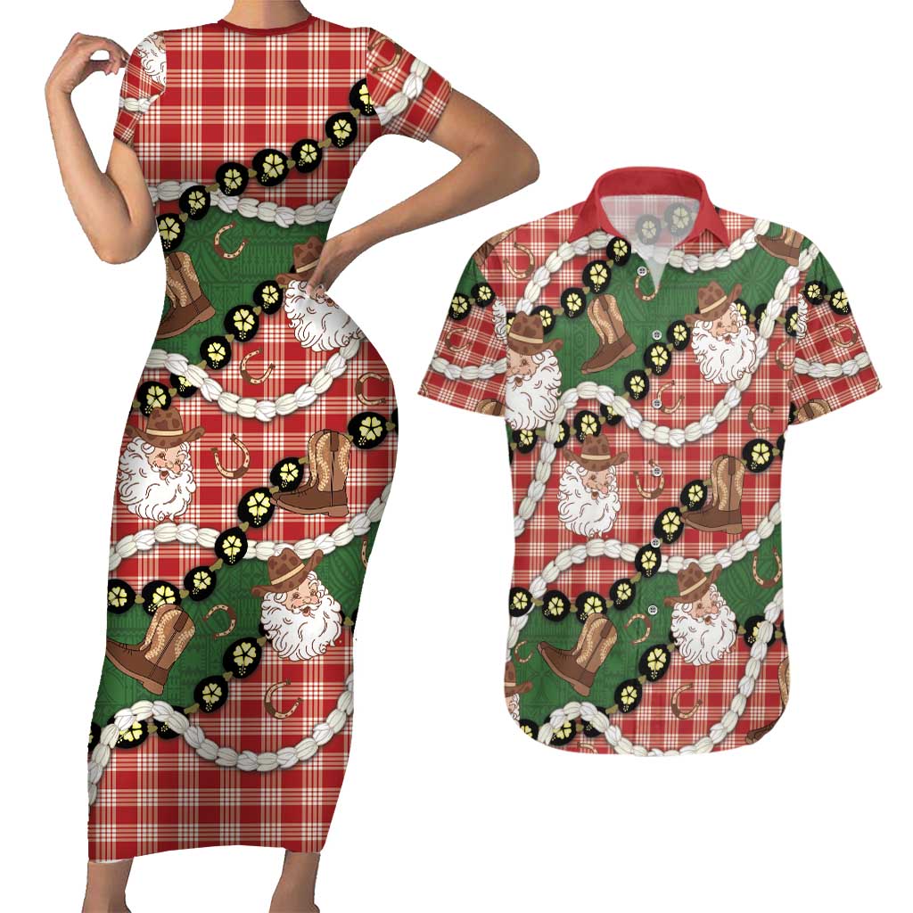 Cowboy Hawaii Mele Kalikimaka Couples Matching Short Sleeve Bodycon Dress and Hawaiian Shirt Paniolo Kukui Nut Pikake Lei Red Version - Polynesian Pride