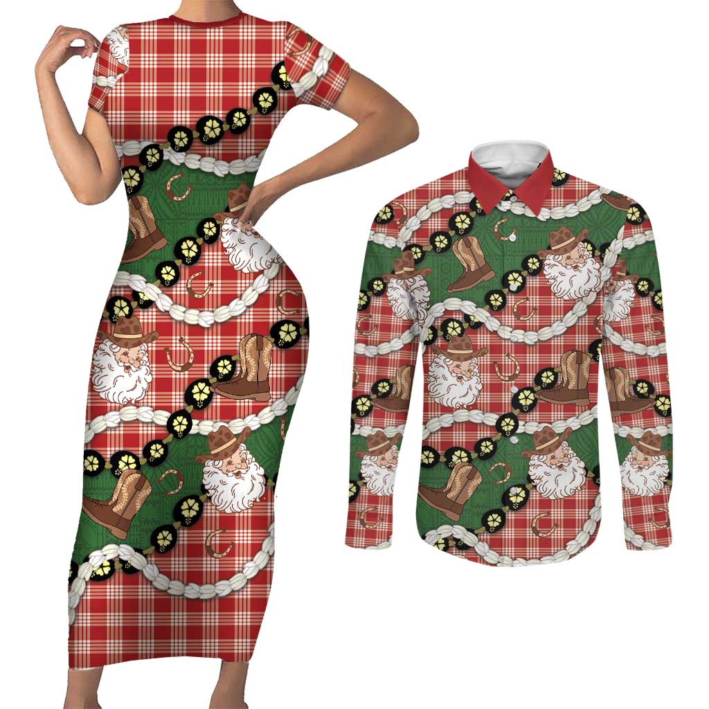 Cowboy Hawaii Mele Kalikimaka Couples Matching Short Sleeve Bodycon Dress and Long Sleeve Button Shirt Paniolo Kukui Nut Pikake Lei Red Version LT14 Red - Polynesian Pride