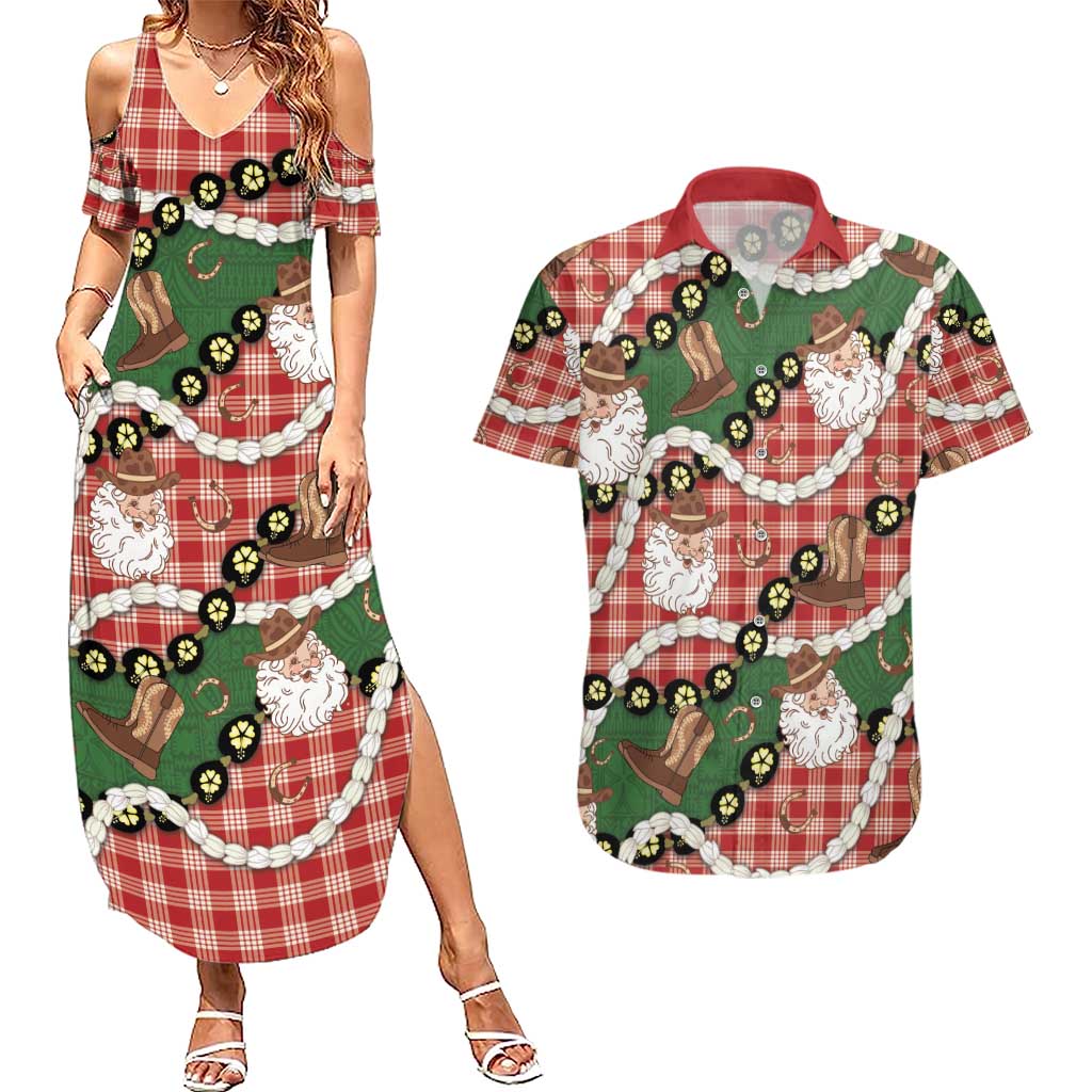 Cowboy Hawaii Mele Kalikimaka Couples Matching Summer Maxi Dress and Hawaiian Shirt Paniolo Kukui Nut Pikake Lei Red Version LT14 Red - Polynesian Pride
