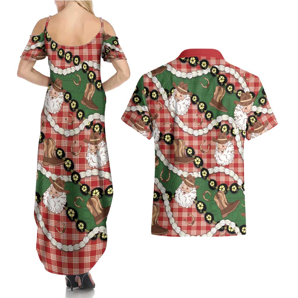 Cowboy Hawaii Mele Kalikimaka Couples Matching Summer Maxi Dress and Hawaiian Shirt Paniolo Kukui Nut Pikake Lei Red Version LT14 - Polynesian Pride