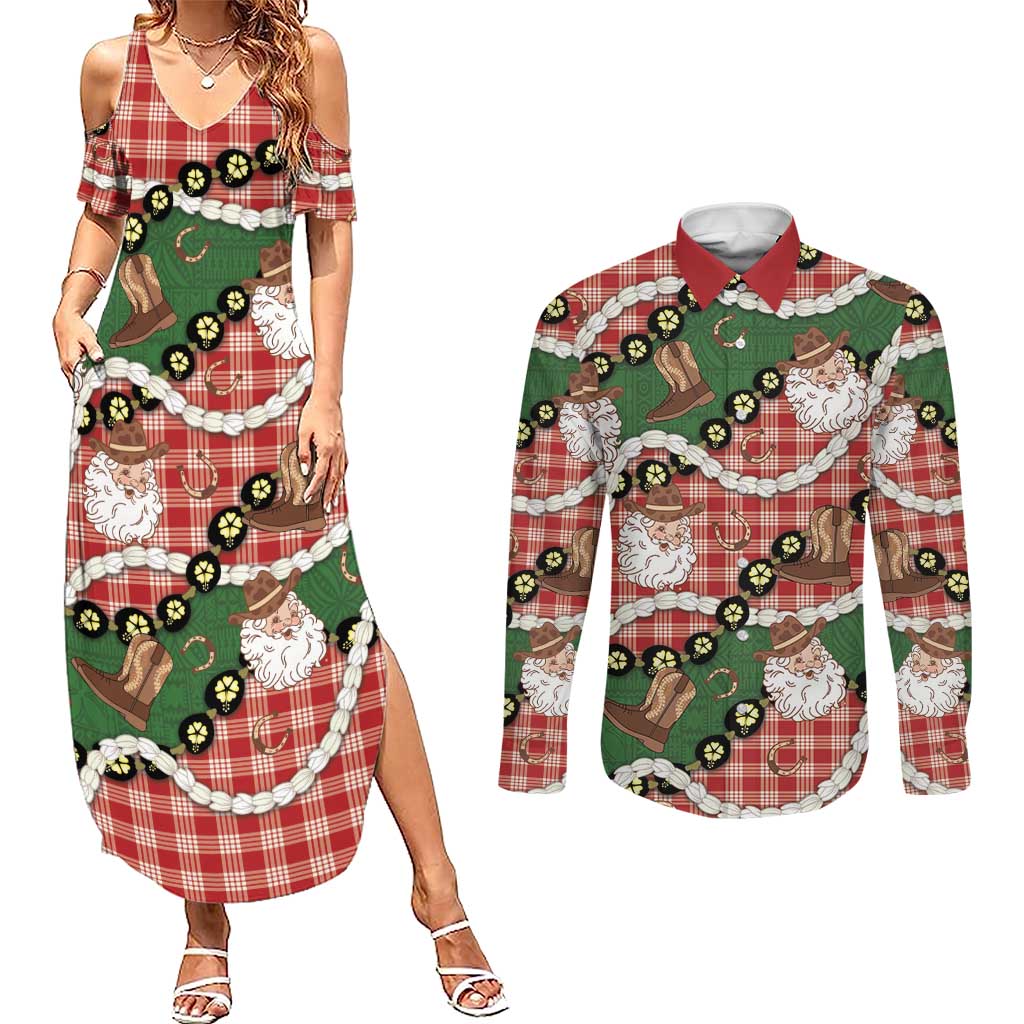 Cowboy Hawaii Mele Kalikimaka Couples Matching Summer Maxi Dress and Long Sleeve Button Shirt Paniolo Kukui Nut Pikake Lei Red Version LT14 Red - Polynesian Pride