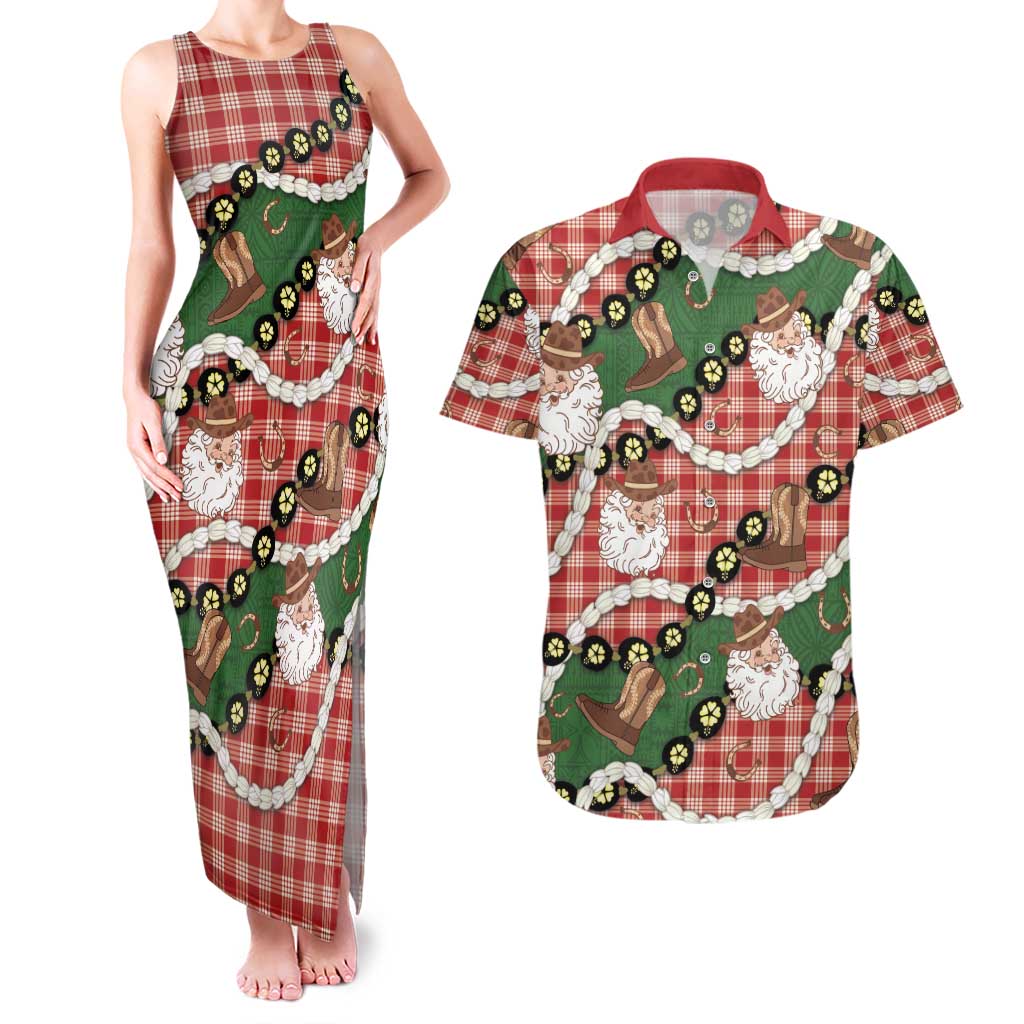 Cowboy Hawaii Mele Kalikimaka Couples Matching Tank Maxi Dress and Hawaiian Shirt Paniolo Kukui Nut Pikake Lei Red Version - Polynesian Pride