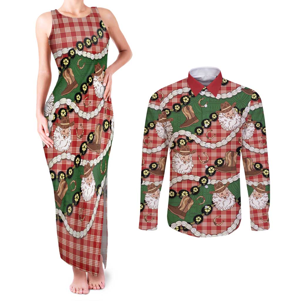 Cowboy Hawaii Mele Kalikimaka Couples Matching Tank Maxi Dress and Long Sleeve Button Shirt Paniolo Kukui Nut Pikake Lei Red Version LT14 Red - Polynesian Pride