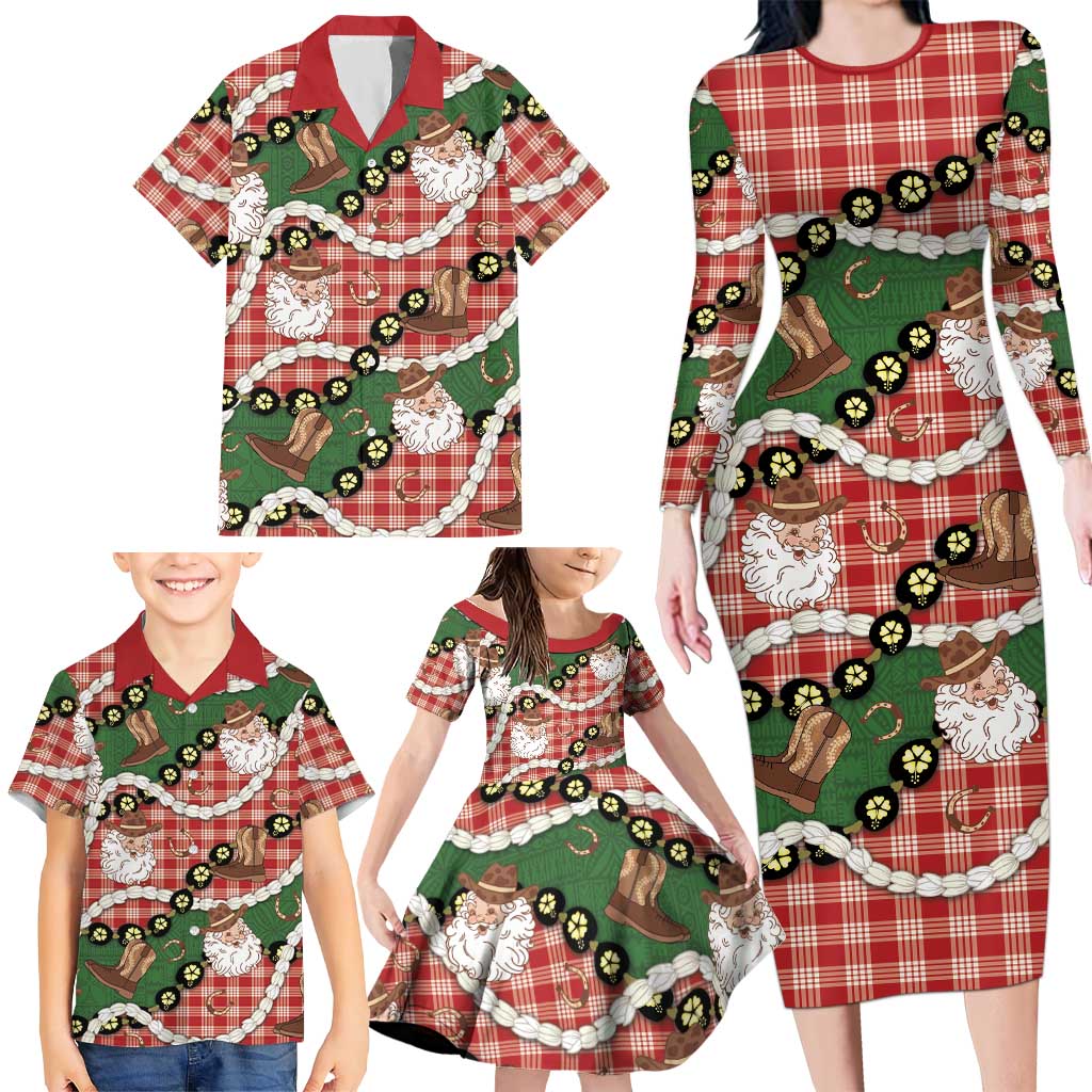 Cowboy Hawaii Mele Kalikimaka Family Matching Long Sleeve Bodycon Dress and Hawaiian Shirt Paniolo Kukui Nut Pikake Lei Red Version - Polynesian Pride