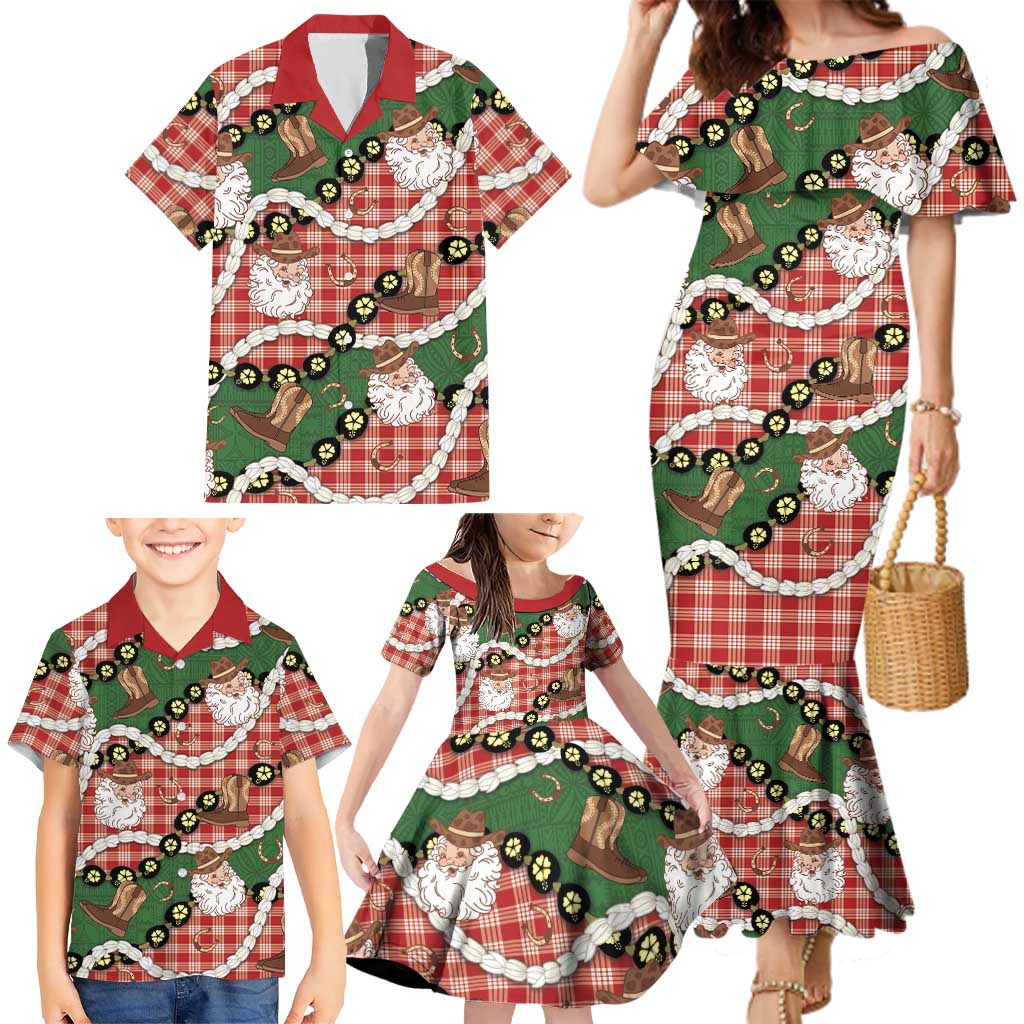 Cowboy Hawaii Mele Kalikimaka Family Matching Mermaid Dress and Hawaiian Shirt Paniolo Kukui Nut Pikake Lei Red Version LT14 - Polynesian Pride